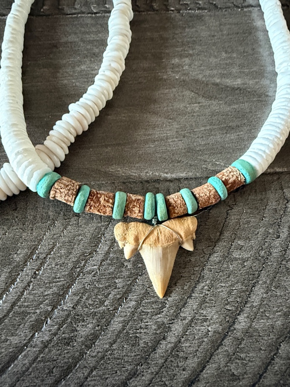 White Bead Necklace with Turquoise Accents and Shark Tooth Pendant - Picture 3 of 5